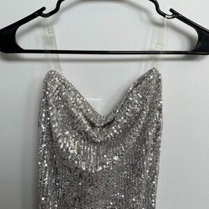 NWT Bebe silver cowl sequin mini dress!